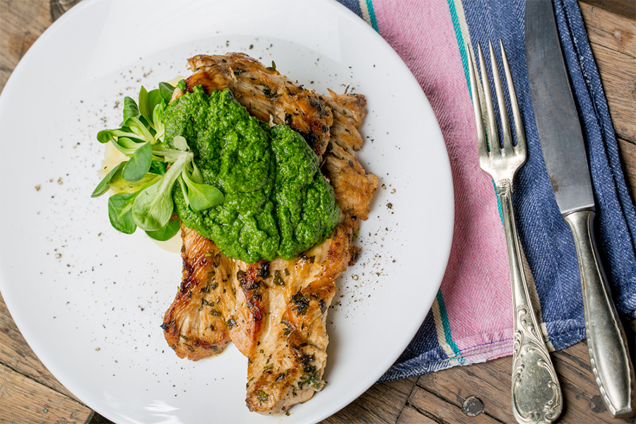 Basil Pesto on top of seared chicken