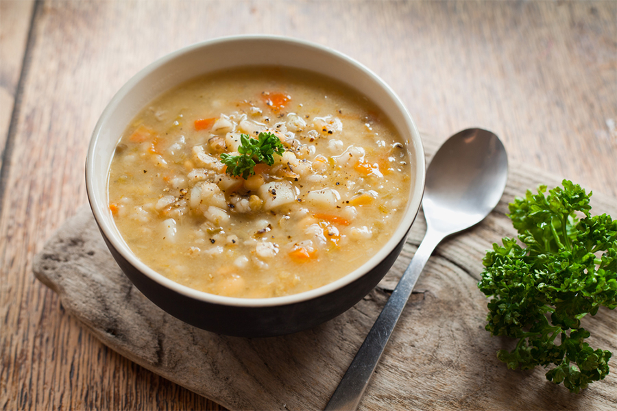 Bowl of Barley Chicken and Chimichurri Soup