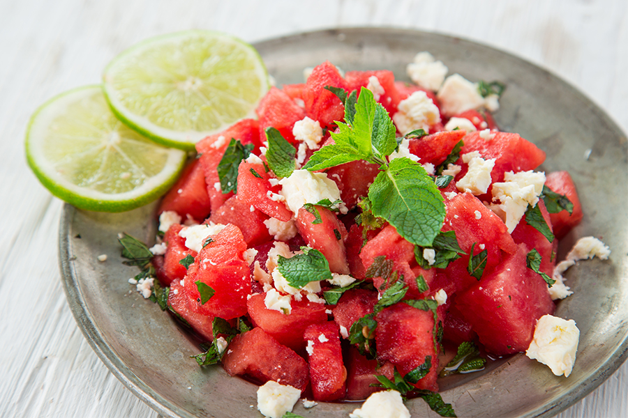 Watermeon salad with mint, cheese and lime