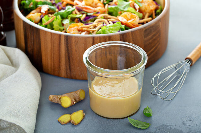 Ginger peanut asian salad dressing with a shrimp salad