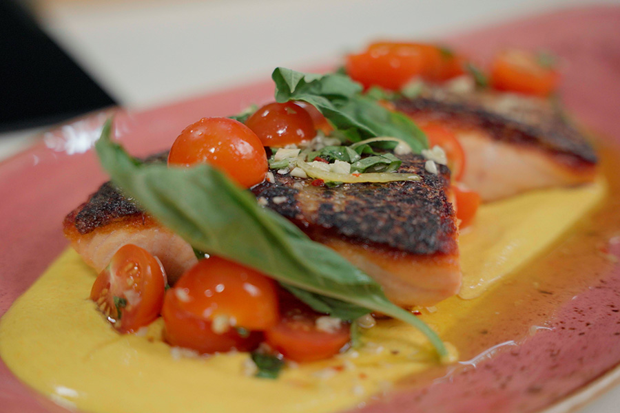 Turmeric Yogurt Salmon with Tomato Basil Salad