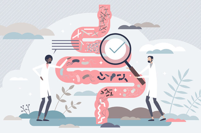 Gut flora and digestive tract microorganisms diagnosis tiny person concept