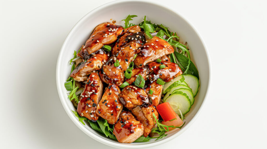 an overhead, top down product shot of a bowl of teriyaki chicken in a clean white bowl on a white background with a Mok Bar style, 120mm, f16, studio lighting --ar 16:9 --style raw --stylize 200 Job ID: 70813234-2d92-4d0e-84a8-0821e72f161c