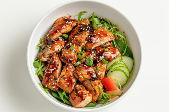 an overhead, top down product shot of a bowl of teriyaki chicken in a clean white bowl on a white background with a Mok Bar style, 120mm, f16, studio lighting --ar 16:9 --style raw --stylize 200 Job ID: 70813234-2d92-4d0e-84a8-0821e72f161c