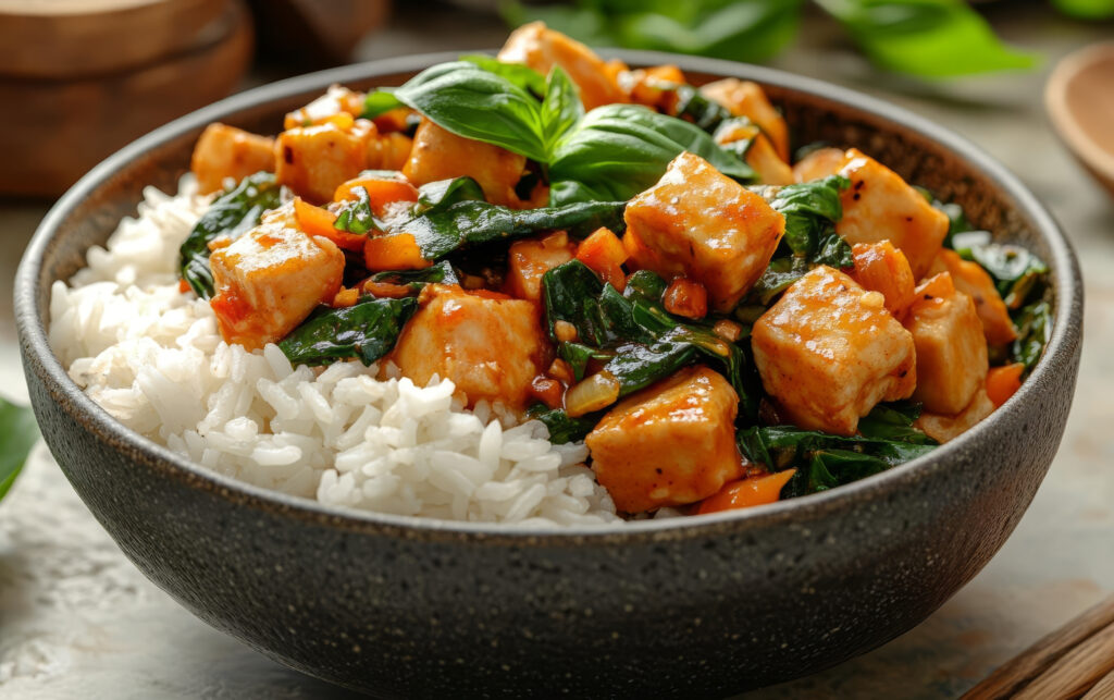 delicious bowl of Thai basil stir fry with tofu and rice.