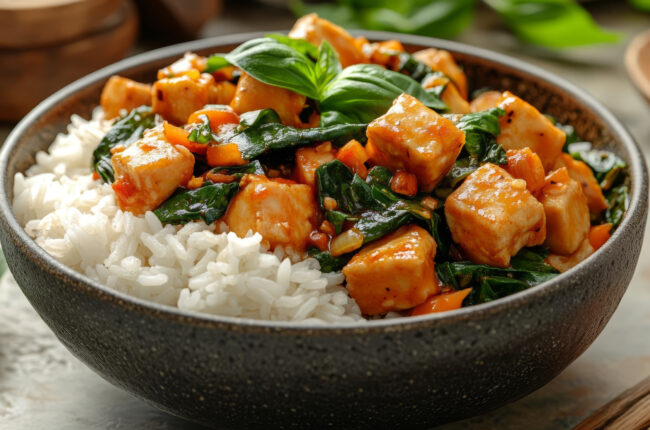 delicious bowl of Thai basil stir fry with tofu and rice.