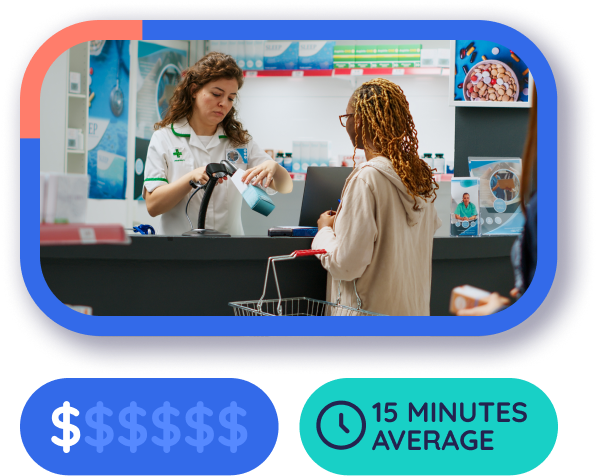 Female pharmacist at checkout counter with patient.