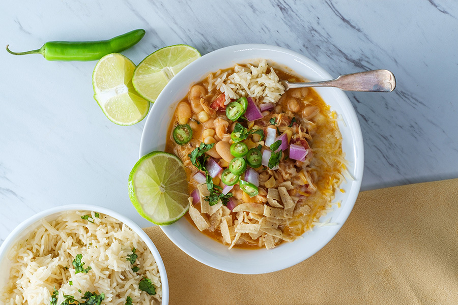 Creamy Chicken, White Bean & Green Chili Soup dish