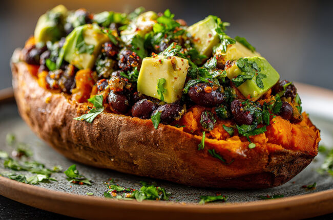Green Chile-Turkey and Black Bean-stuffed Sweet Potatoes dish