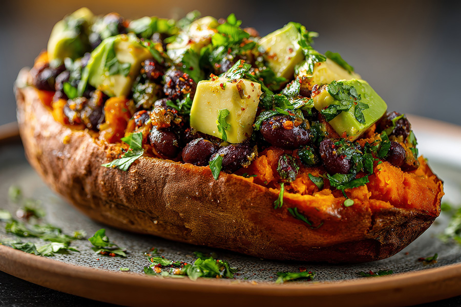 Green Chile-Turkey and Black Bean-stuffed Sweet Potatoes dish